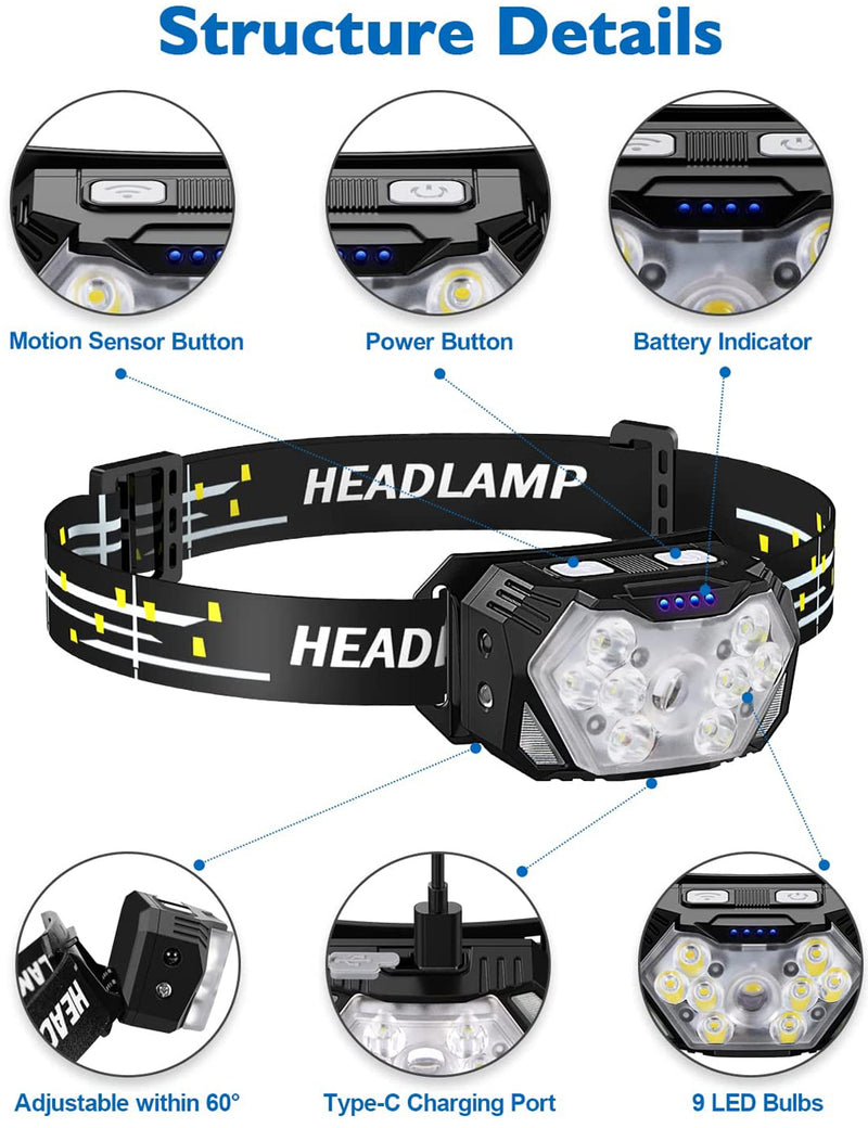 Farol de cabeça com 9 LEDs de luz forte, recarregável por USB, com sensor de movimento, farol portátil para pesca, acampamento, área externa, lanterna de trabalho